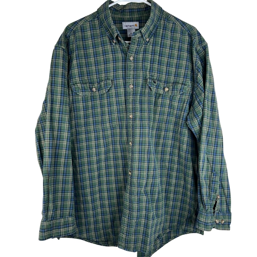 Carhartt Plaid Shirt Mens XL Green Blue Long Sleeve Cotton Work Button Down S253